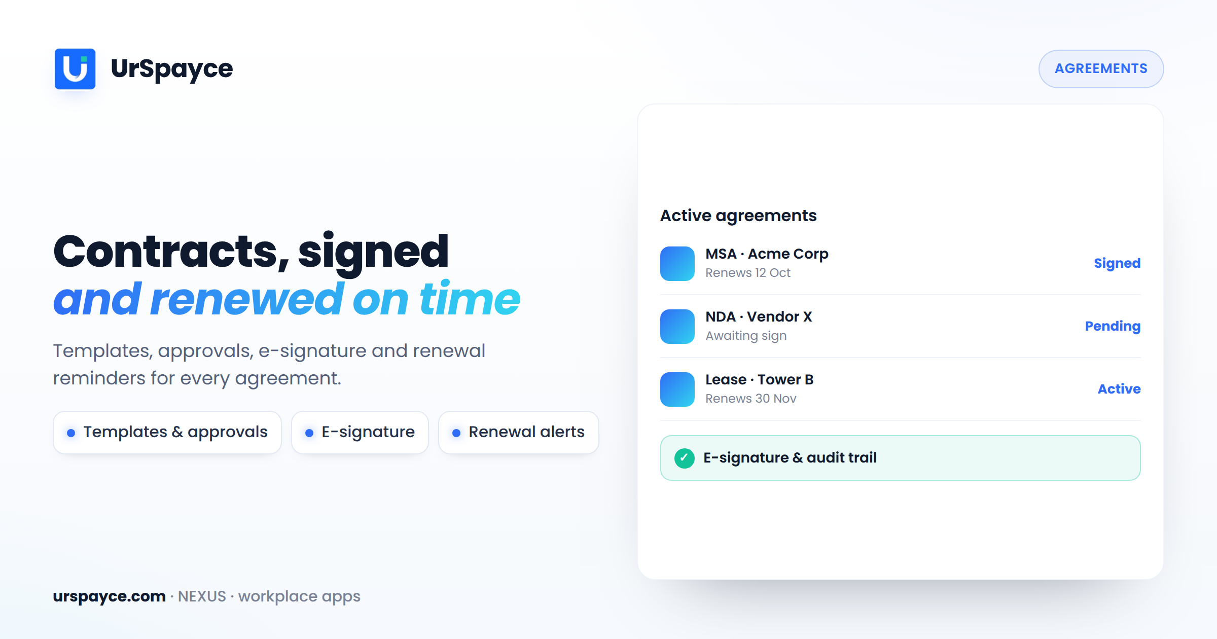 UrSpayce agreements and contract management software — templates, e-signature and renewal reminders