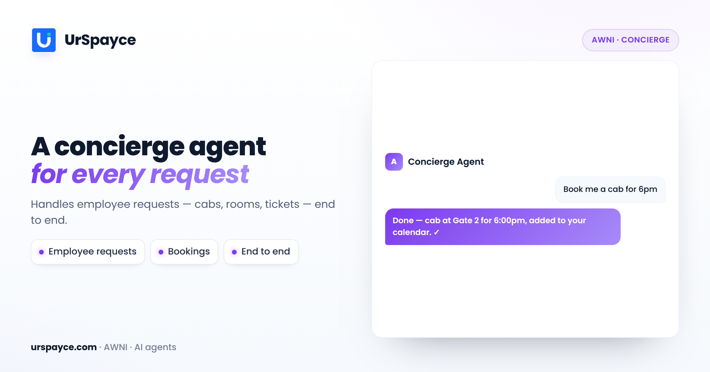UrSpayce AWNI AI concierge agent — handles employee requests end to end