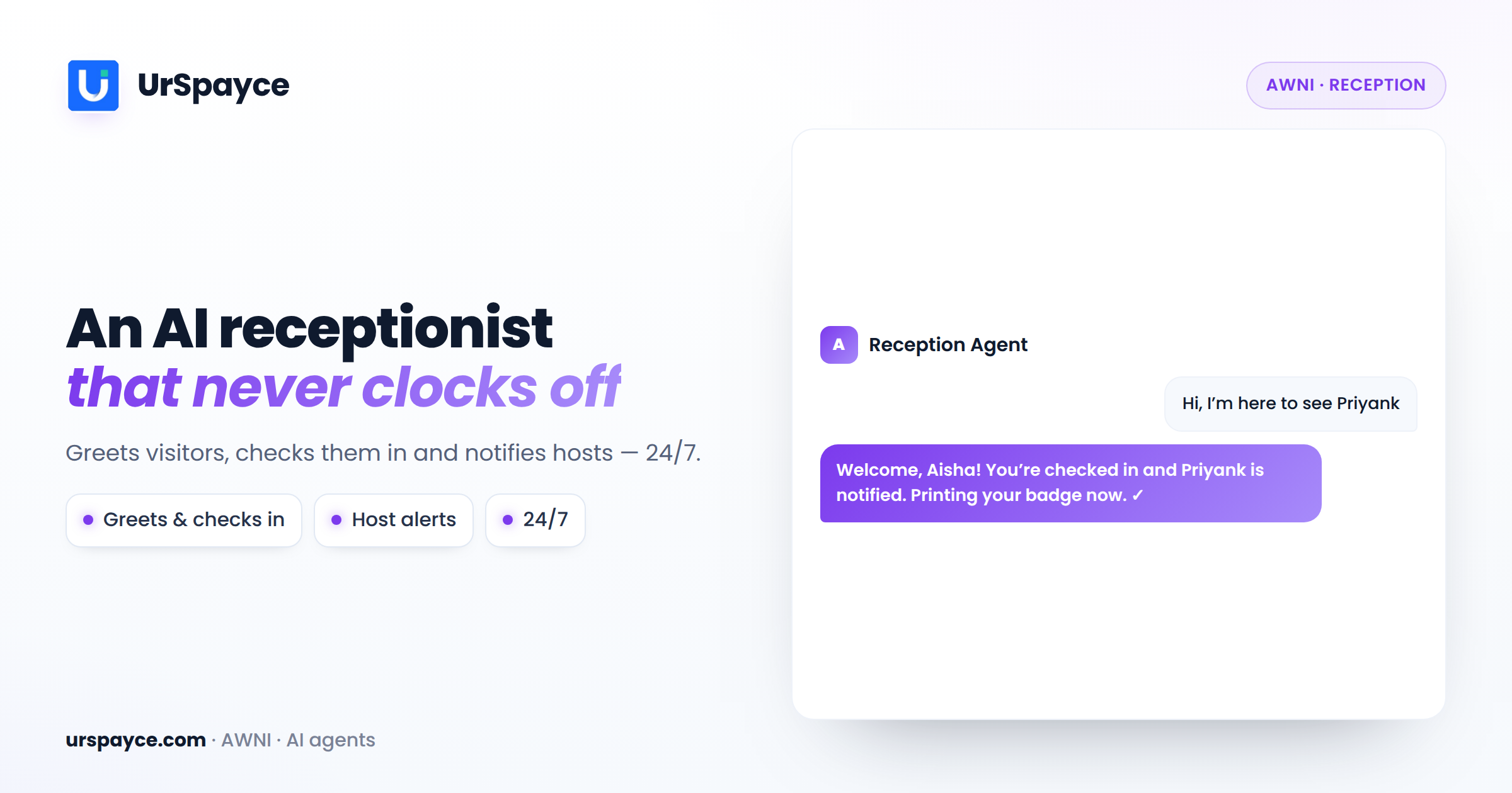 UrSpayce AWNI AI reception agent — greets visitors, checks them in and notifies hosts 24/7