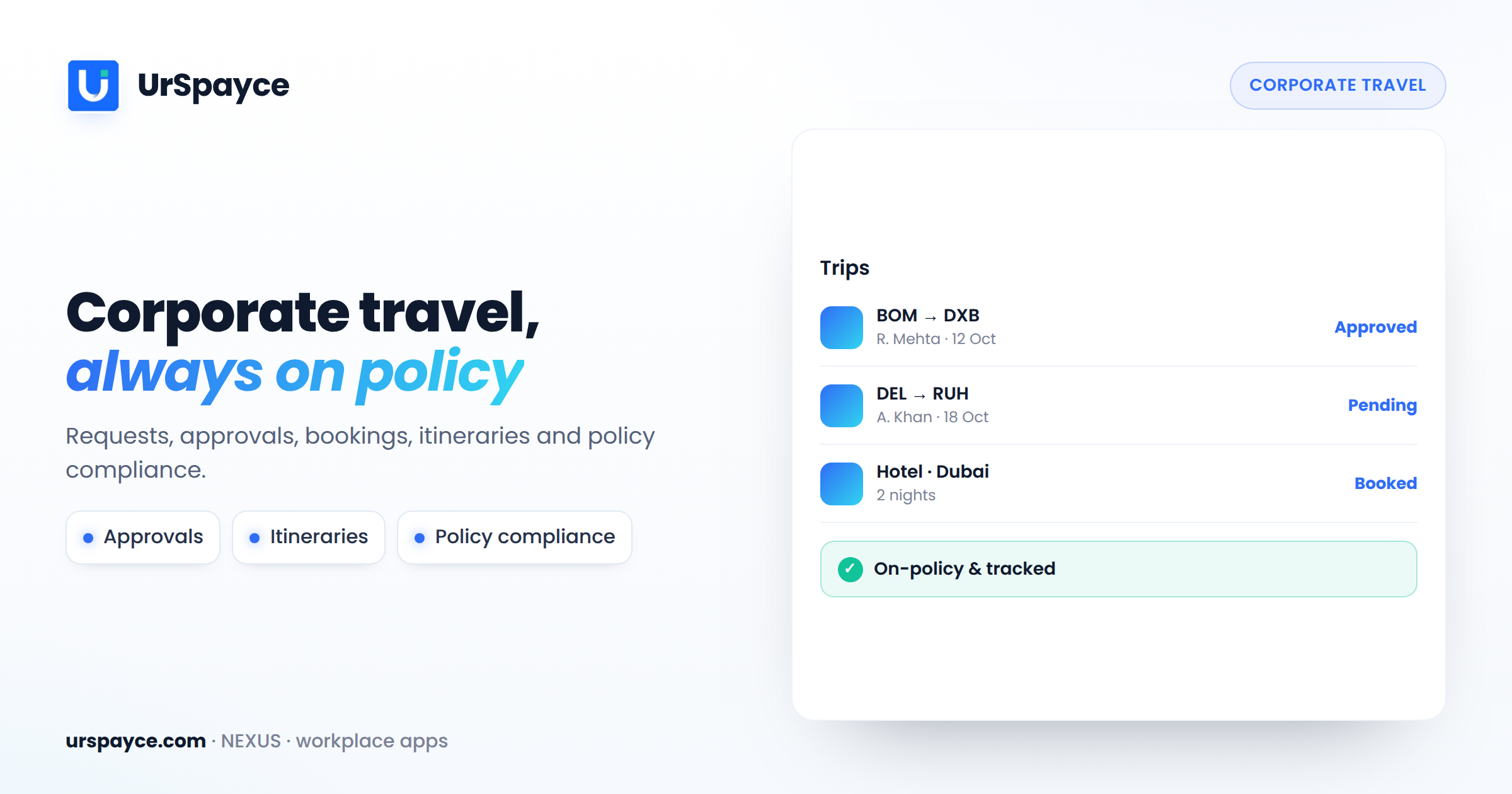 UrSpayce corporate travel management software — requests, approvals, itineraries and policy compliance