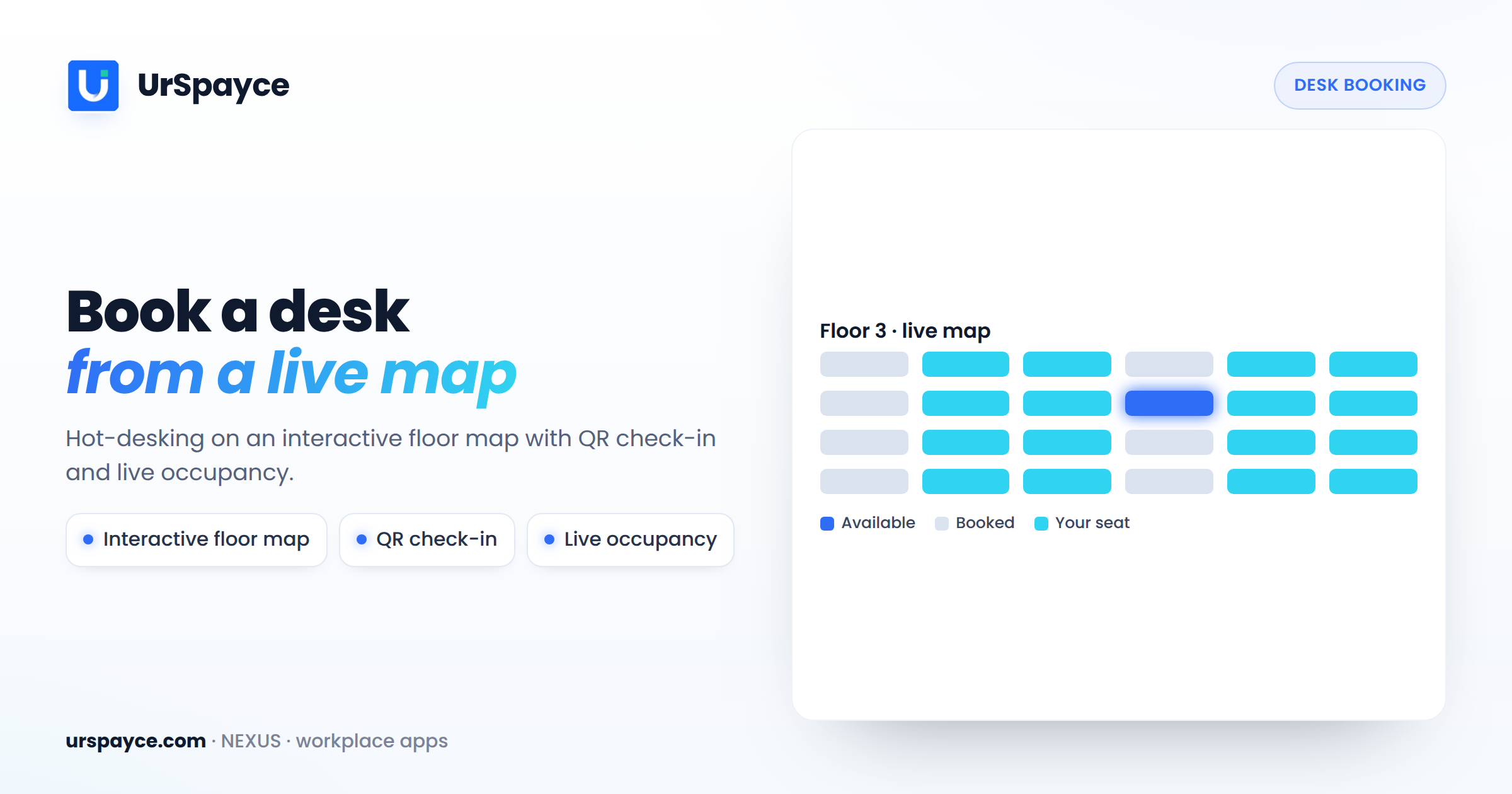 UrSpayce desk booking software — hot-desking on a live floor map with QR check-in