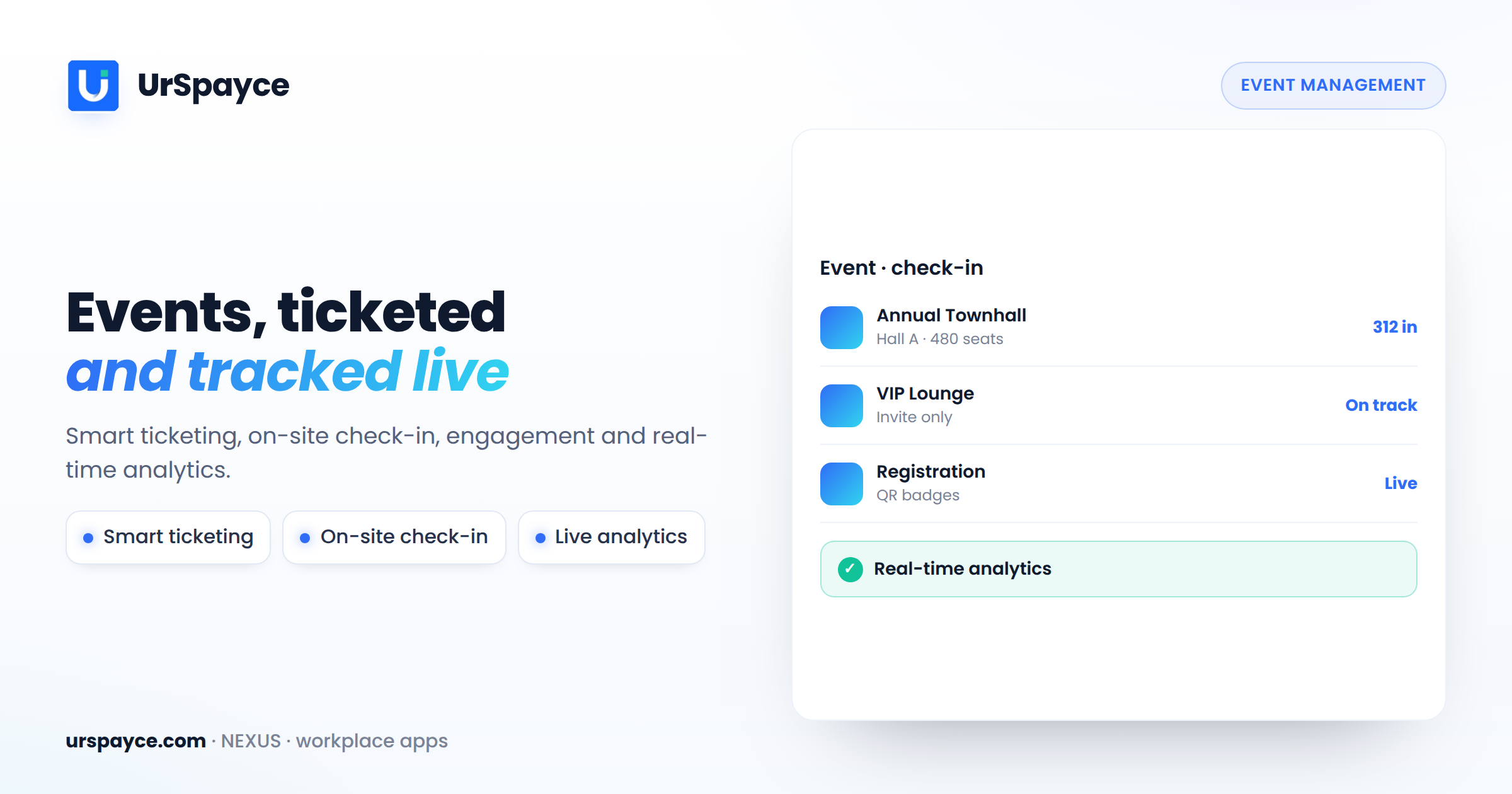 UrSpayce event management software — smart ticketing, on-site check-in and live analytics