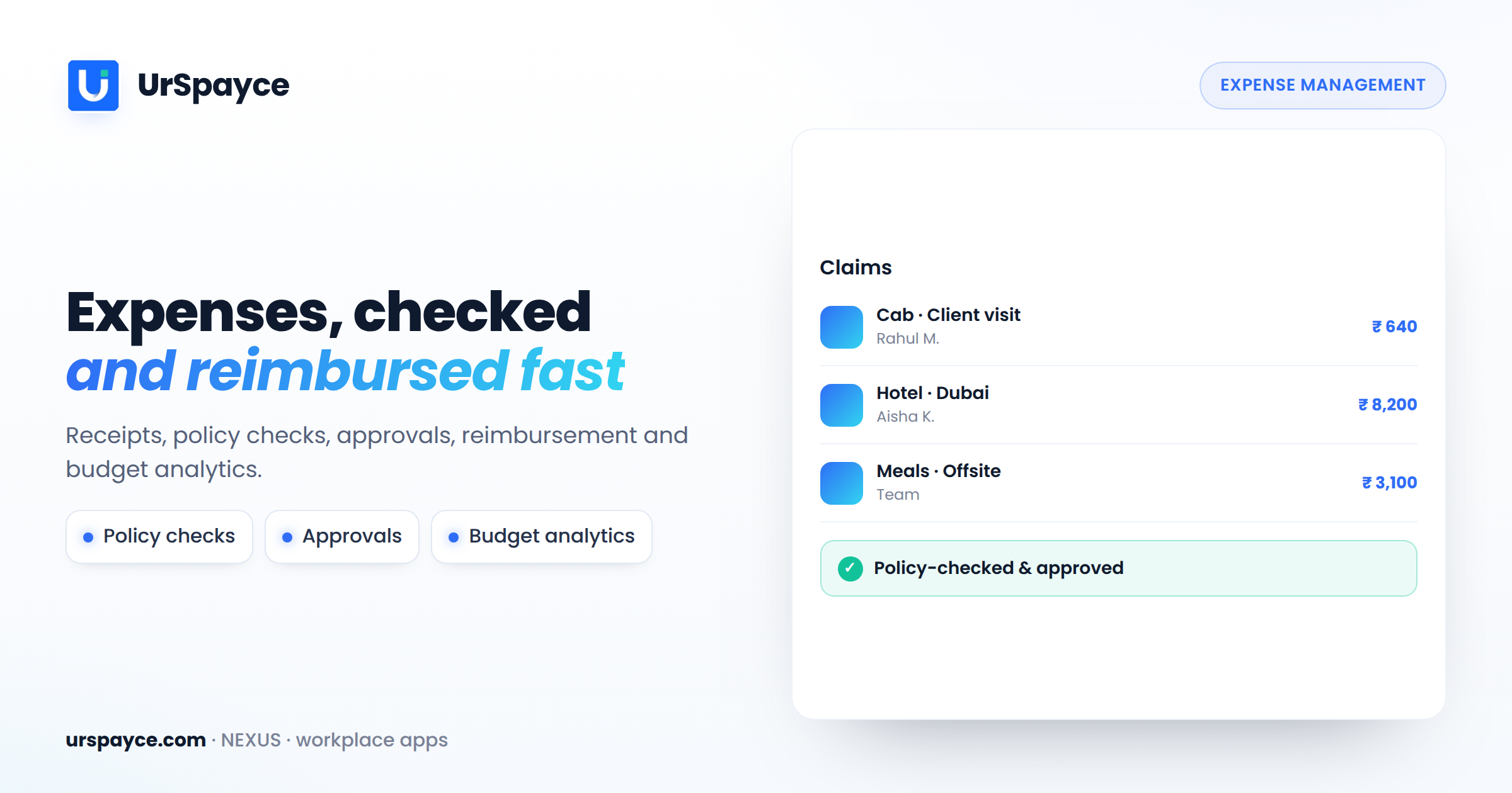 UrSpayce expense management software — receipts, policy checks, approvals and reimbursement