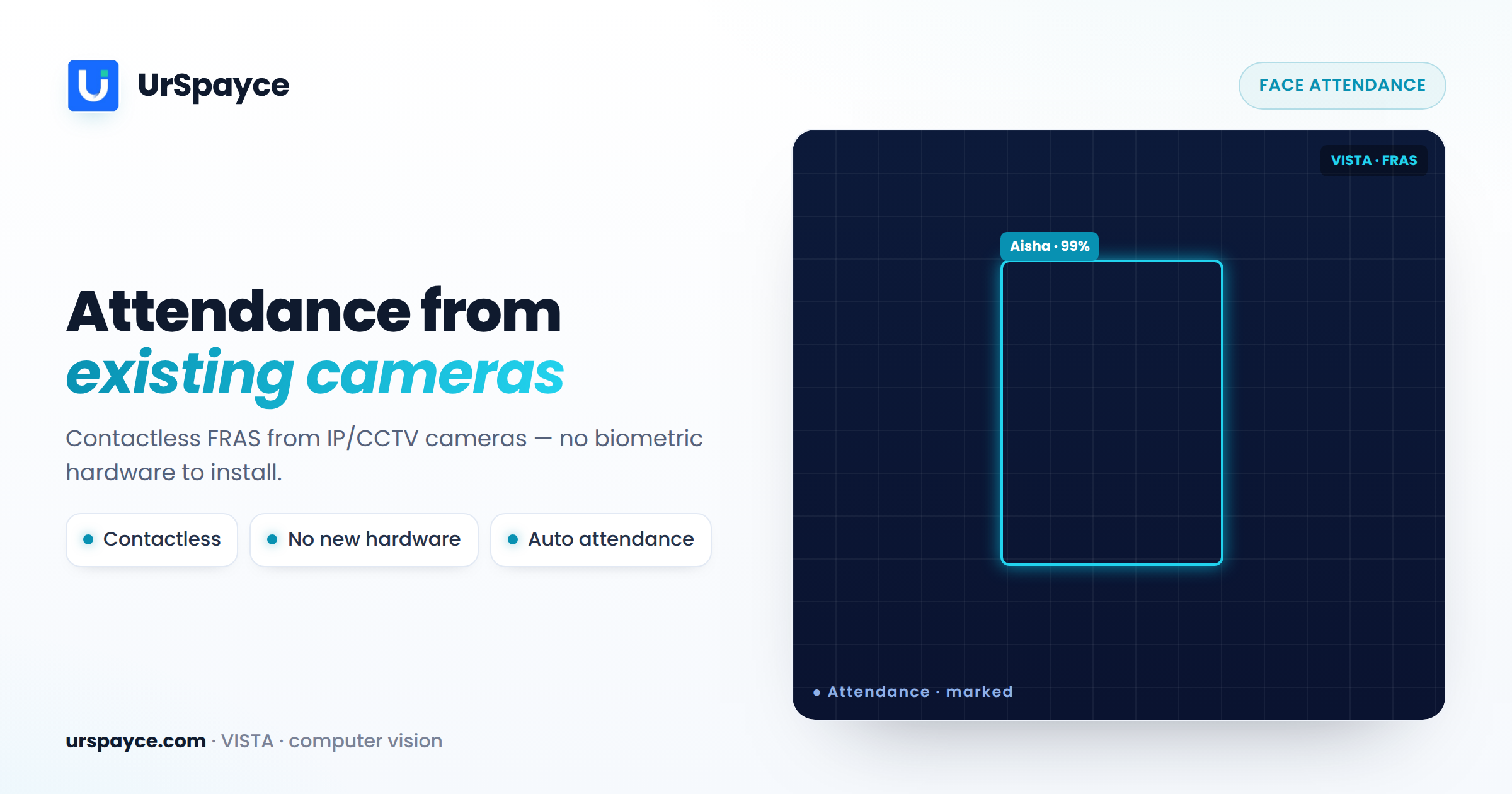 UrSpayce face recognition attendance system (FRAS) — contactless attendance from existing CCTV