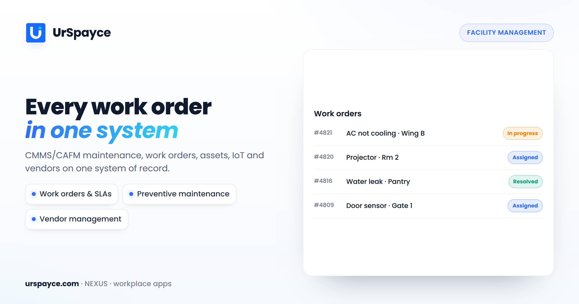 UrSpayce facility management software (CMMS/CAFM) — work orders, maintenance, IoT and vendors