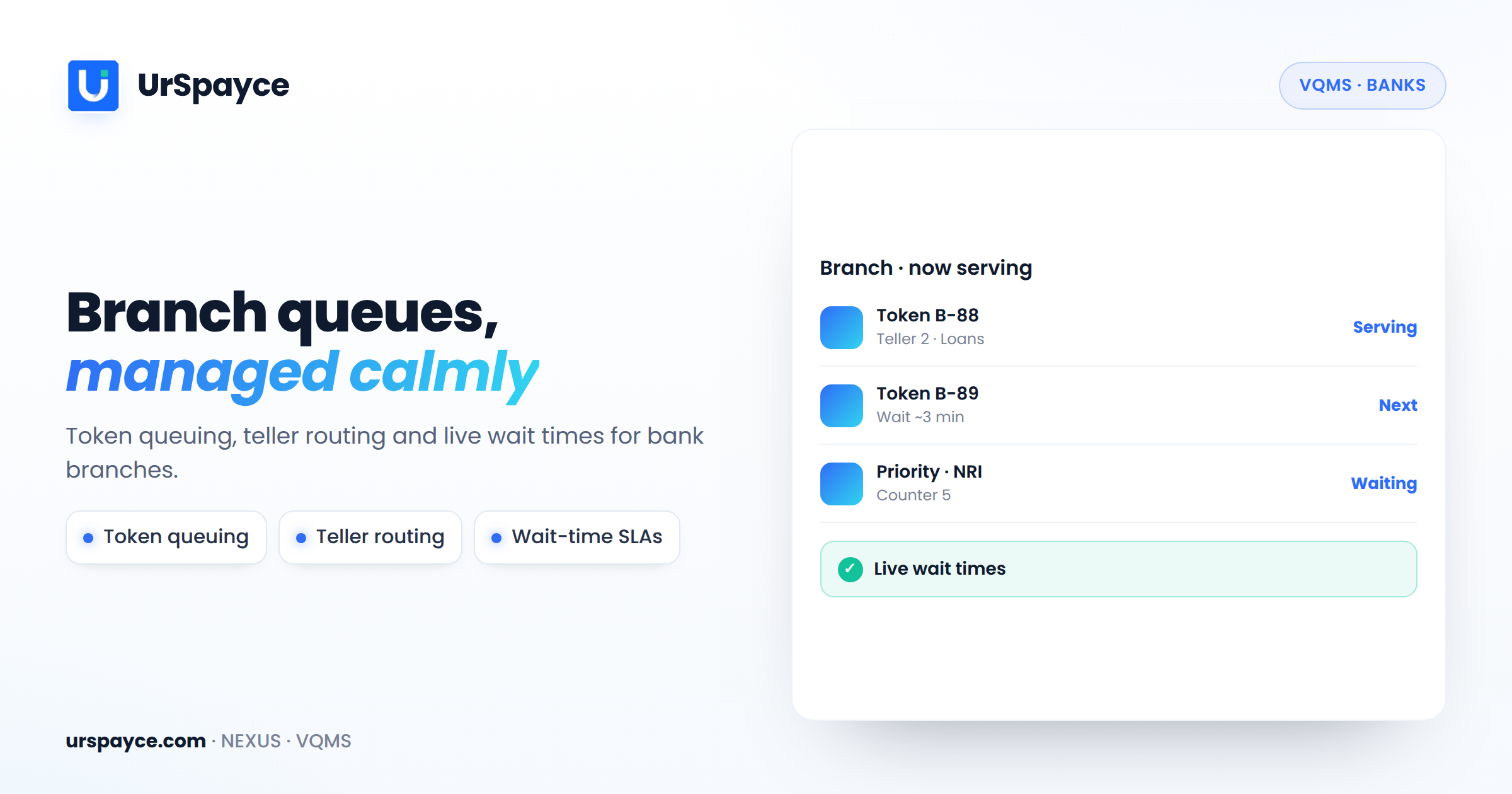 UrSpayce visitor queue management for banks — token queuing and teller routing