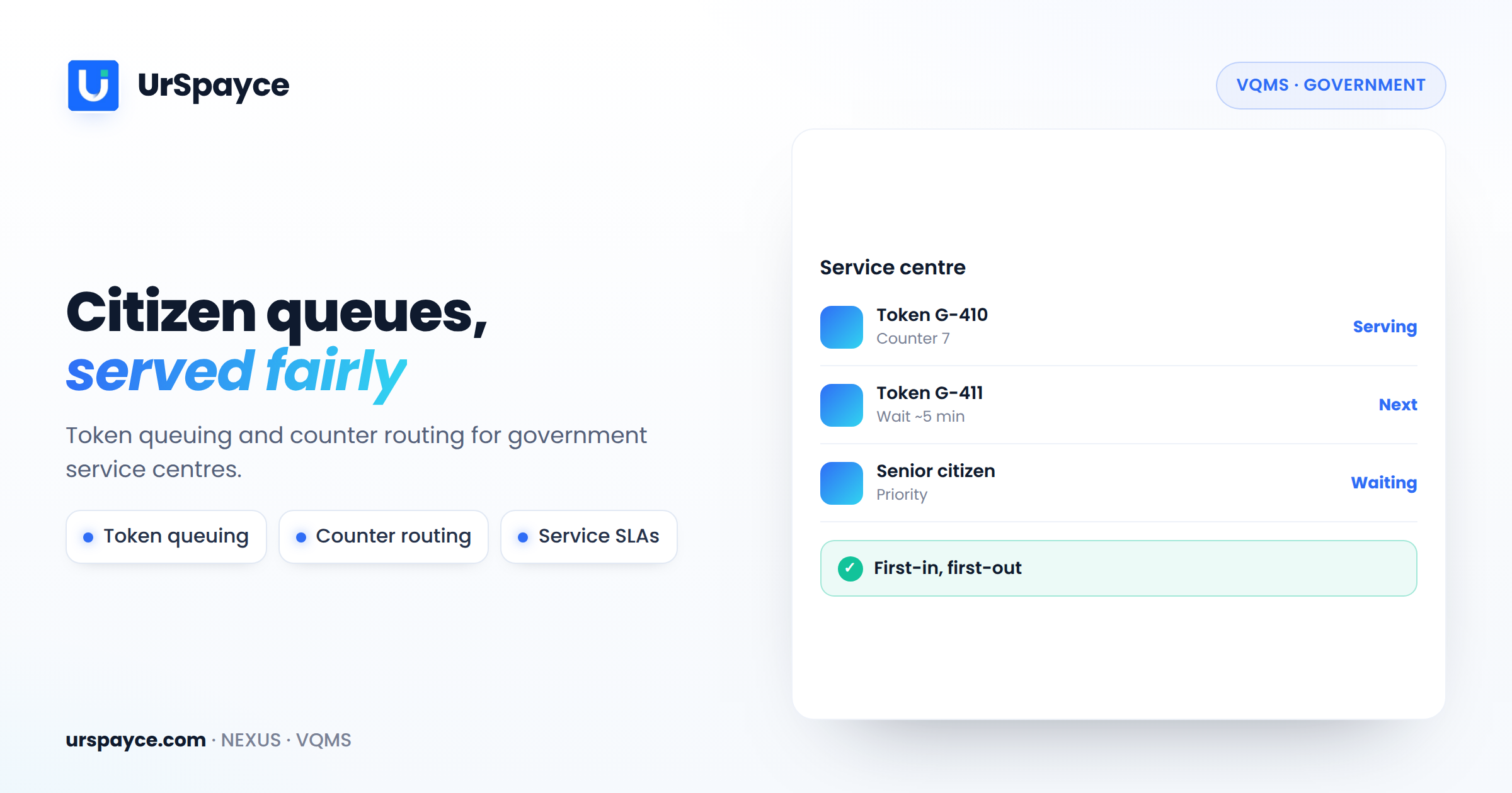 UrSpayce visitor queue management for government service centres — token queuing and routing