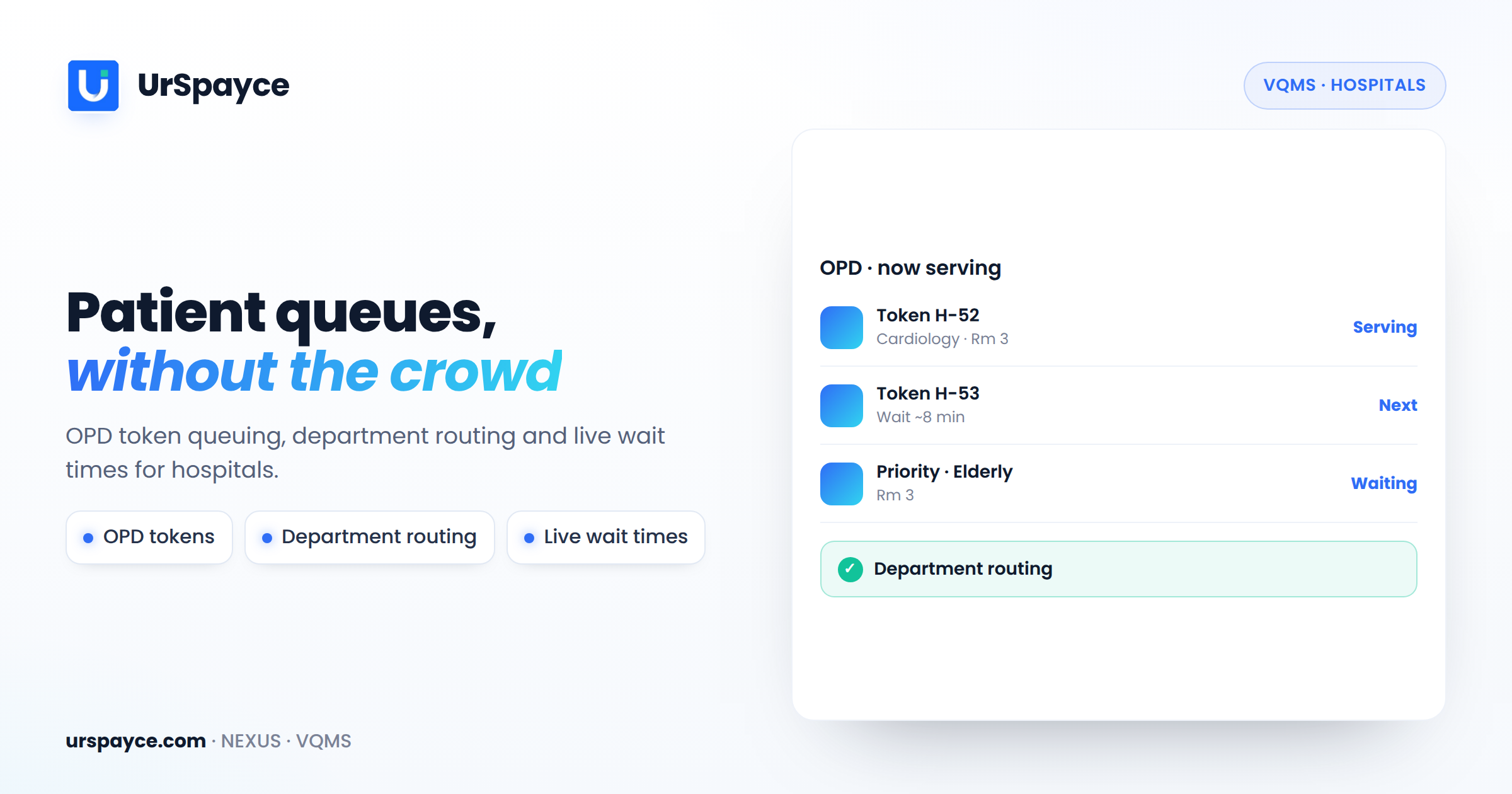 UrSpayce visitor queue management for hospitals — OPD tokens and department routing