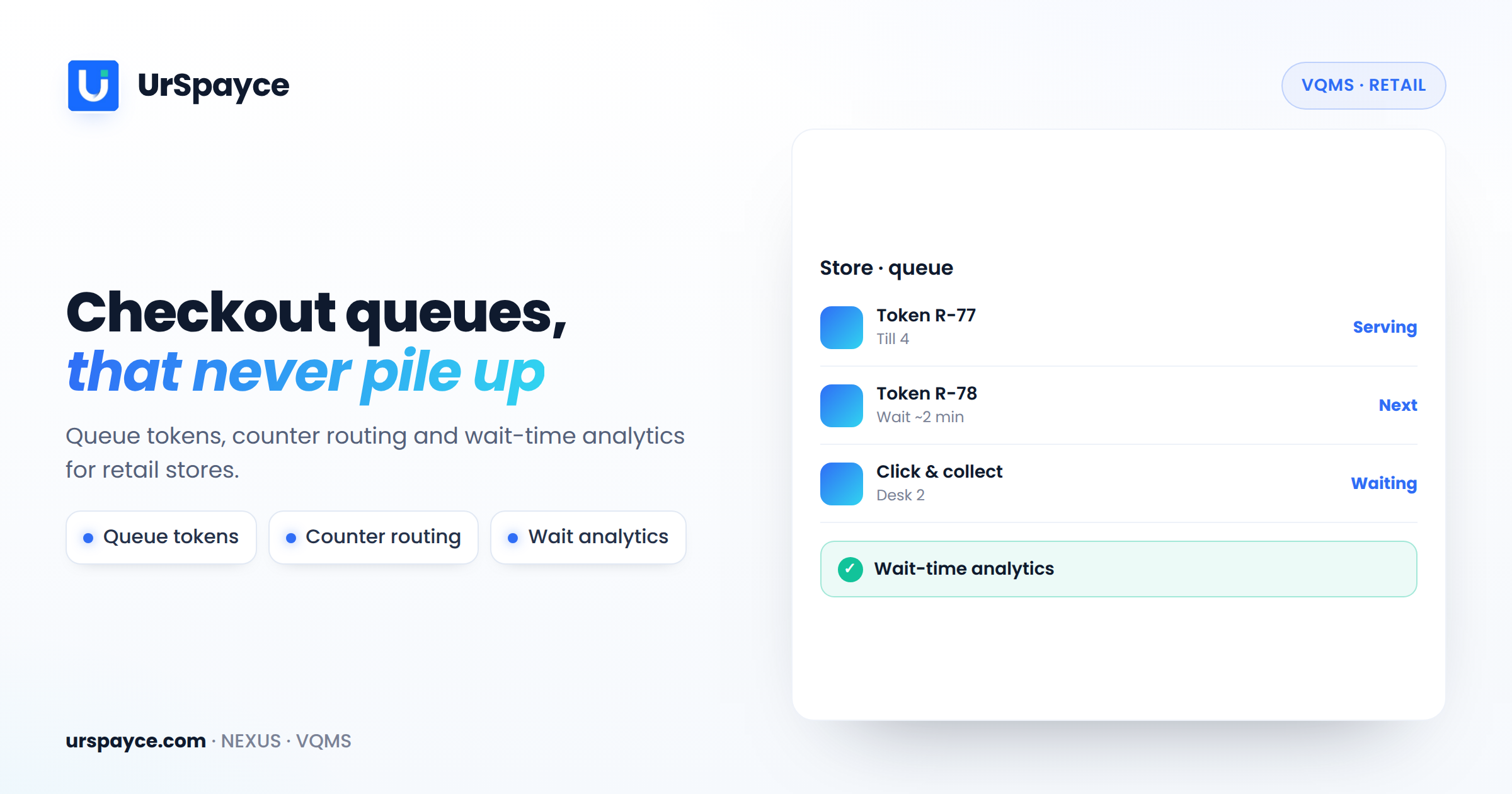 UrSpayce visitor queue management for retail — queue tokens and wait-time analytics